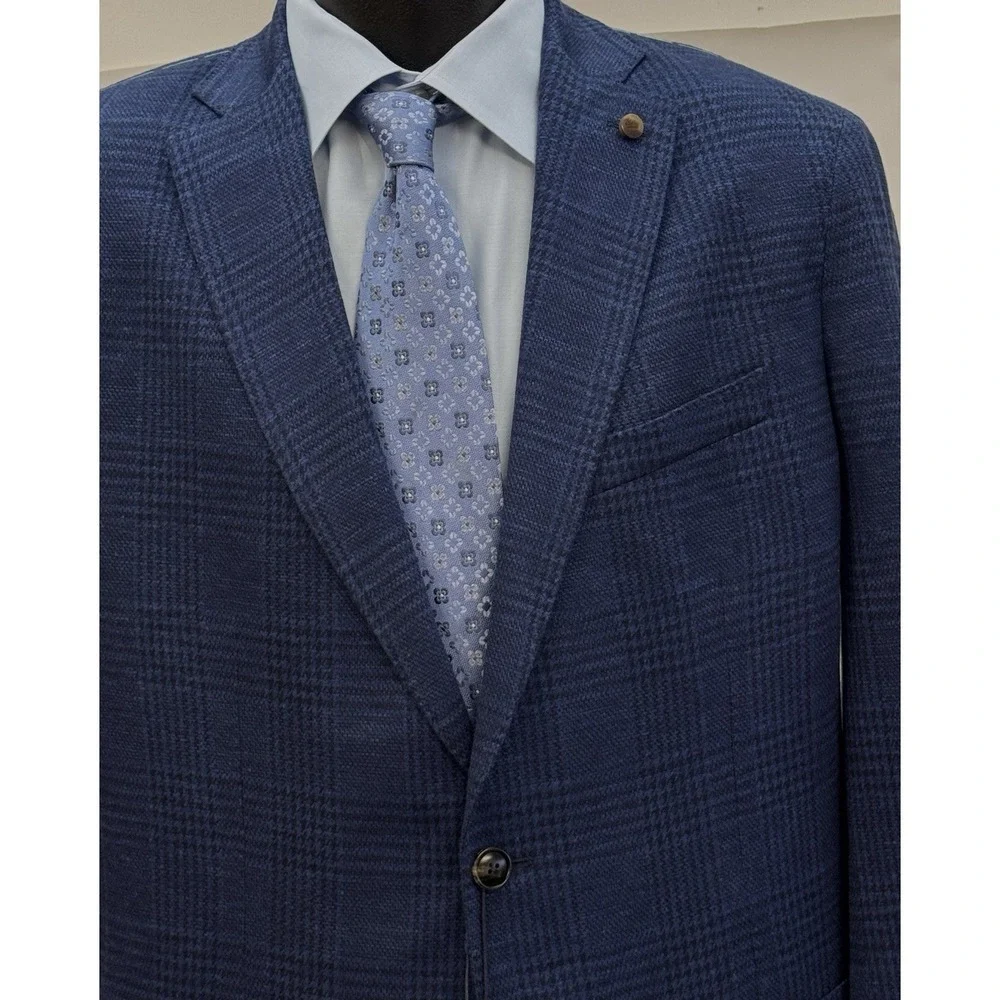 NWT Peter Millar Sport Coat Blazer Wool Silk Linen NAV Blue Plaid 46L Long $1295